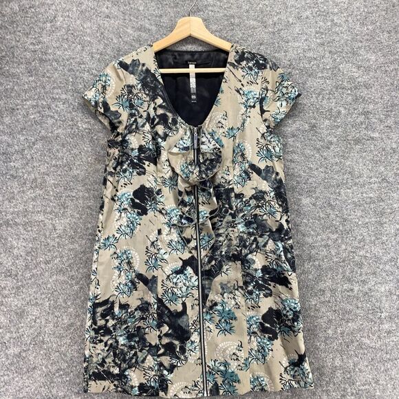 5/$45 Kensie Dress Women M Medium Beige Floral Shift Short V-Neck Full Zip - Picture 3 of 9